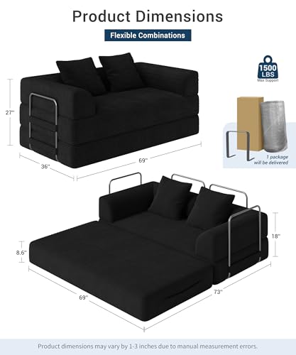 Cloud Boneless Convertible Sofa Bed, 4-in-1 Foldable Compressed High-Density Sponge Sofa, 70" Corduroy Fabric 3 Seater Sleeper Couch Futon Daybed for Living Room Bedroom (Black) Living&Giving