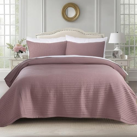 Oversized King Quilt Set 112"x106" – Soft Washed 3-Layer Lightweight California King Bedspread, Minimalist Nordic Design, All-Season Quilt Bedding (1 Quilt + 2 Pillow Shams), Twilight Mauve Purple KASENTEX