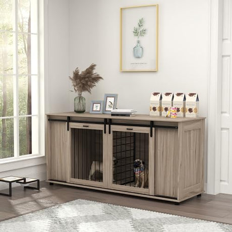 PawHut Dog Crate Furniture with Removable Divider for 2 Small Dogs or 1 Large Dog, 71" Modern Kennel Furniture End Table with Storage, Double Doors, Walnut PawHut