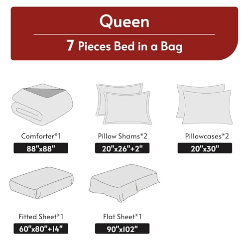 MUXHOMO 7 Pieces Queen Comforter Set, Reversible Bed in a Bag Queen Size, All Season Bedding Set with Comforter, Flat Sheet, Fitted Sheet, Pillowcases & Shams, Red & Black MUXHOMO