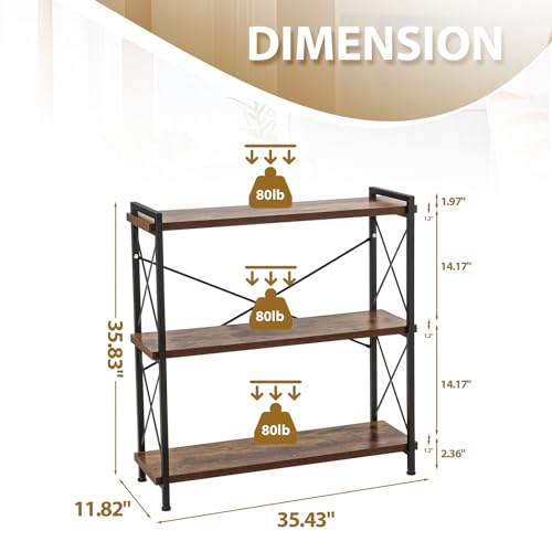 NICECOZY Rustic Industrial 3-Tier Bookshelf with Metal Frame for Small Spaces - WoodArtSupply