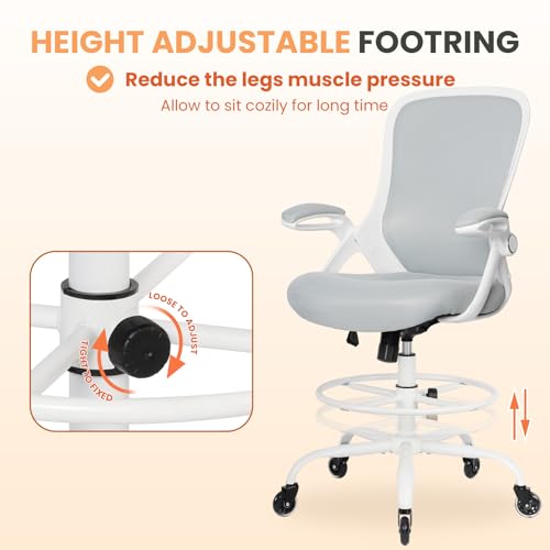 HYLONE Drafting Chair Tall Office, Ergonomic Standing Desk Stool Adjustable Drafting Chair Big Tall Drafting Office Chair White HYLONE
