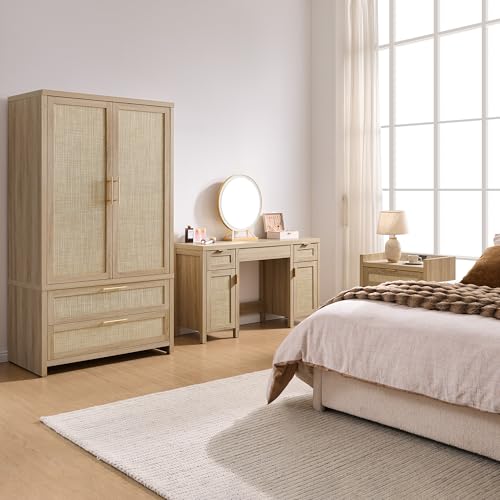 SICOTAS Rattan Vanity Home Office Desk - 52" Large Farmhouse Boho Makeup Vanity Dressing Table with 3 Drawers & 2 Storage Cabinets, Vanities Desk for Makeup Room, Bedroom, Home Office, Light Oak SICOTAS