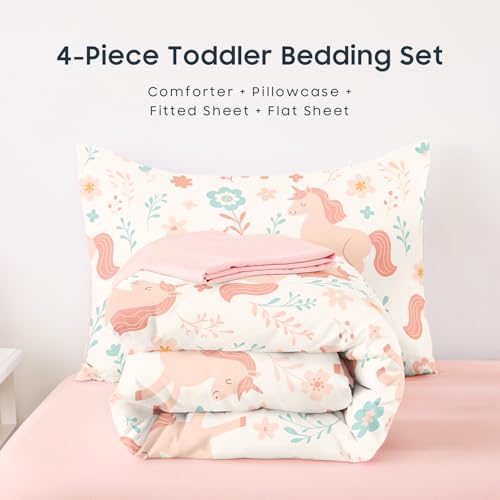 Wake In Cloud - Toddler Bedding Set for Girls, Cute Unicorn Floral Botanical, 4 Pieces Soft Crib Bed Set Including Comforter, Sheets and Pillowcase, Light Cream Wake In Cloud