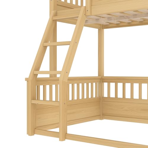 Bellemave Twin Over Full Bunk Bed for Kids/Adults,Floor Bunk Beds with Inclined Ladder,Solid Wood Low Bunk Bed for Teens,Girls,Boys,Detachable,Natural Bellemave