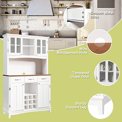 Giantex Buffet Hutch Cabinet, Kitchen Hutch Sideboard, Buffet Cabinet on Storage Island, Wood Kitchenware Server with 3 Large Drawers and 9 Wine Bottle Modules (White) Giantex
