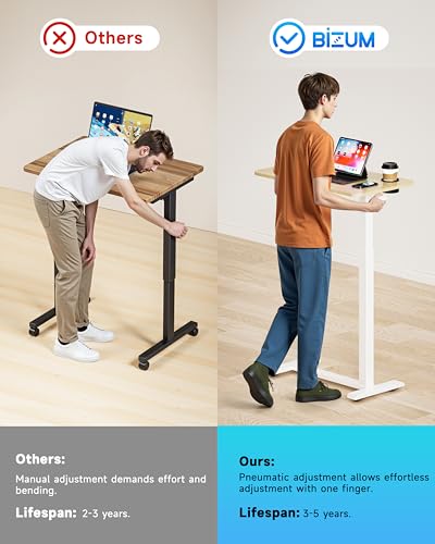 BIZUM Adjustable Bedside Table with Swivel Hidden Wheels Pneumatic Rolling Desk Mobile Standing Desk with Cup Holder for Hospital Home(27.6"x15.8" Maple) BIZUM