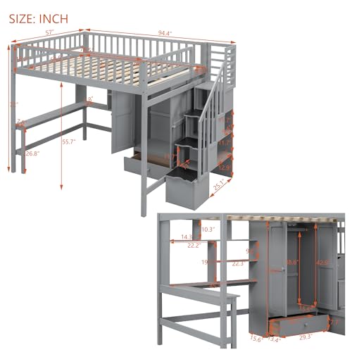 Ball & Cast Full Size Loft Bed with Storage Ladder and Bookshelf,Wooden Bedframe w/Drawers & Wardrobe,Desk,Full-Length Guard Rail,Space Saving,Bedroom Furniture for Student Dorms,Gray Ball & Cast