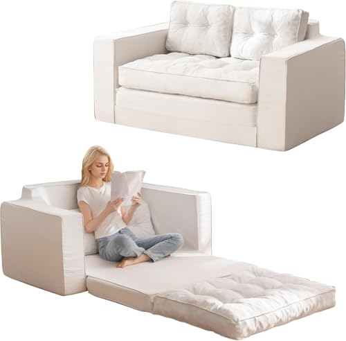 YOSHOOT Loveseat Sleeper Sofa,55" Convertible Sofa Bed Couch Futon Couches for Living Room,3-in-1 Pull Out Floor Couch with Backrest and Pillows, White YOSHOOT