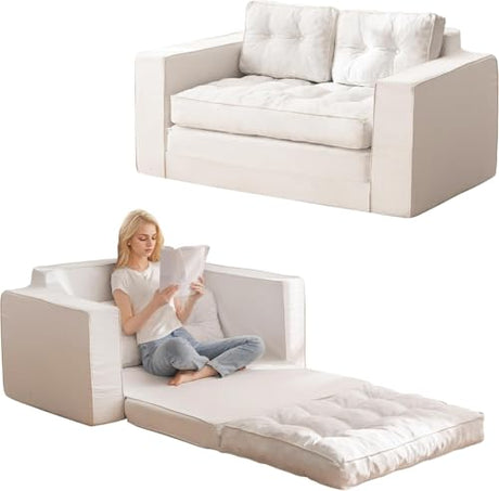 YOSHOOT Loveseat Sleeper Sofa,55" Convertible Sofa Bed Couch Futon Couches for Living Room,3-in-1 Pull Out Floor Couch with Backrest and Pillows, White YOSHOOT