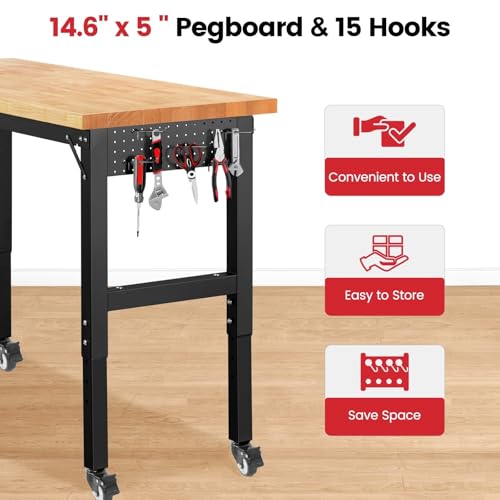 ENJOYWOOD Workbench for Garage Adjustable Height 60 x 22 Inch Work Table with Wheels Heavy Duty Rubberwood Tabletop Workbench with Pegboard, Power Outlets for Woodworking Shop, Home, Office ENJOYWOOD
