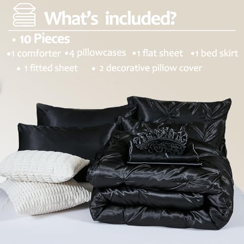 Bedbay Black Comforter Set Queen Size,10-Piece Satin Comforter Bed Set,Pinch Pleat Bedding Set,Black Pintuck Luxury Bed Comforter Set,Lightweight Silk Like Satin Bedding Comforter for All Seasons Bedbay