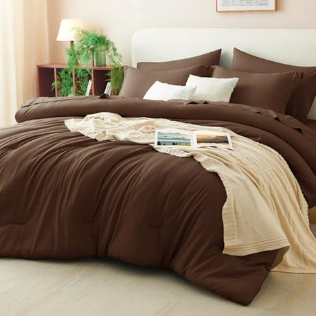 CozyLux King Size Comforter Set Brown, 7 Pieces Bed in a Bag King Comforter Set with Sheets, Soft Bedding Set with Down Alternative Comforter, Fitted Sheets, Flat Sheets, Pillow Shams and Pillowcases CozyLux
