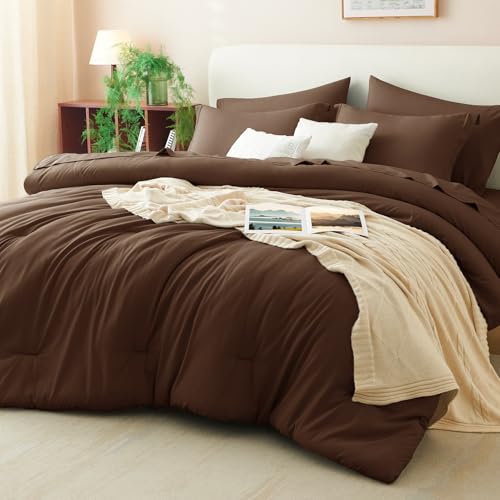 CozyLux Full Size Comforter Sets Brown, 7 Pieces Bed in a Bag Full Comforter Set with Sheets, Luxury Soft Bedding Set with Down Alternative Comforter, Fitted Sheet, Flat Sheet, Pillowcases & Shams