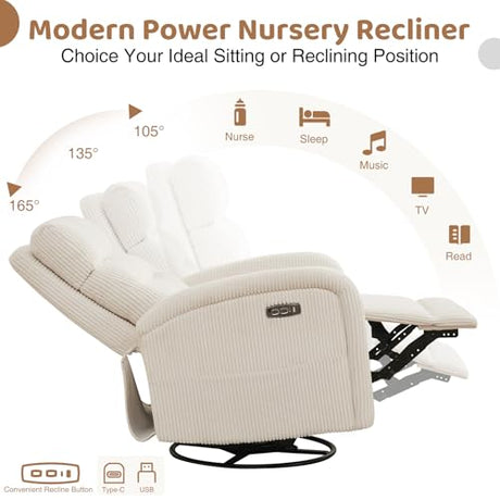 Power Swivel Rocker Recliner, Upholstered Glider Recliner Nursery Chair with Type-C & USB Port, Swivel Rocking Nursery Recliners with Double Pockets for Living Room Bedroom, Corduroy Cream White AEMEIOS