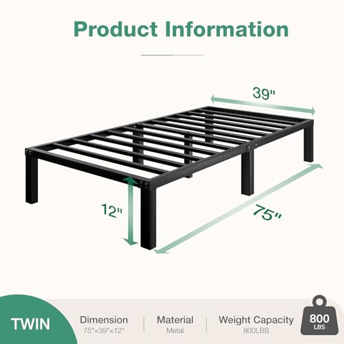 Novilla Twin Bed Frame, 12 Inch Metal Platform Bed Frame Twin Size with Storage Space Under Bed, Heavy Duty Steel Slat Support, Easy Assembly, No Box Spring Needed Novilla