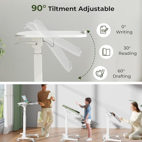JYLH JOYSEEKER Foldable Mobile Standing Desk, 27"×21" Portable Rolling Laptop Cart with 90° Tiltable Board, Height Adjustable Workstation with Wheels, Folding Table for Home Office, White JYLH JOYSEEKER