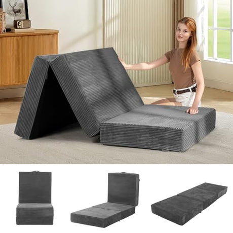 feliz home 6-Inch Tri-Fold Mattress Single Size - Foldable Futon Sofa Bed with Removable Washable Cover, Folding Memory Foam Futon Mattress | Non-Slip Bottom & Carry Handles for Guest, Camping, Dorm feliz home