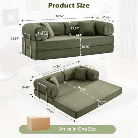 CozySpot Sofa Bed, 79" Convertible Sleeper Sofa with Pull Out Bed, 5-in-1 Folding Corduroy Futon Couch, Modular Loveseat Sofa Bed for Living Room, Bedroom & Apartment, Green CozySpot