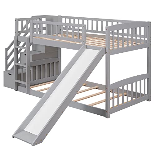 RuiSiSi Twin Bunk Bed with Slide and Stairs, Wood Low Bunk Bed Frame with Storage Stairs & Safety Guard Rails, Space-Saving Floor Bunk Beds for Kids Boys Girls, Grey RuiSiSi