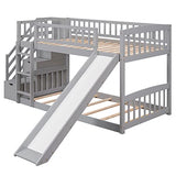 RuiSiSi Twin Bunk Bed with Slide and Stairs, Wood Low Bunk Bed Frame with Storage Stairs & Safety Guard Rails, Space-Saving Floor Bunk Beds for Kids Boys Girls, Grey RuiSiSi
