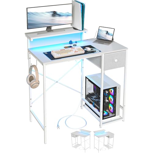 X-cosrack 33.5" Small Gaming Desk with LED Lights & Power Outlets, Compact Computer Desk with Monitor Stand & CPU Stand, Gamer Table with Storage Drawer, Side Hooks for Home Office, Bedroom, White X-cosrack