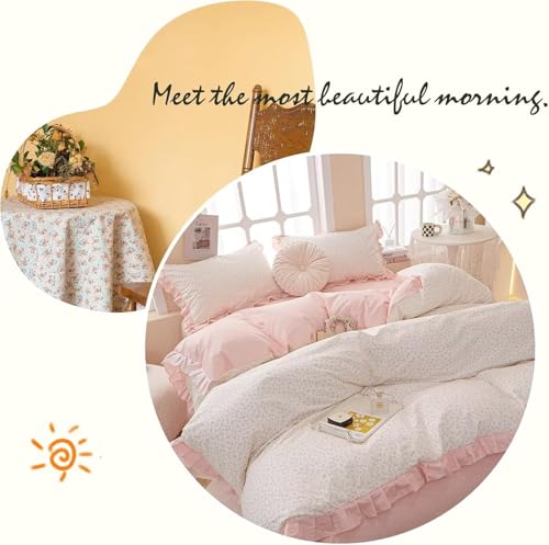 AMZTOP Princess Twin XL Duvet Cover Pink Floral 100% Cotton with Ruffle, Coquette Bedding, Teen Girls Romantic Comforter Cover with Zipper Closure, 3 Pcs Floral Aesthetic Bedding Sets 68"x90" AMZTOP