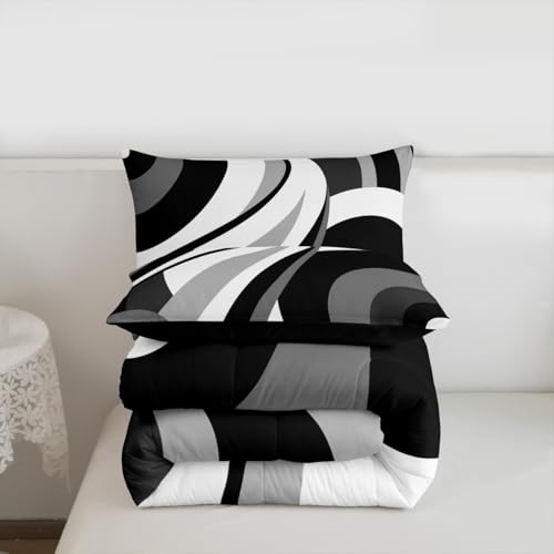 Gray Black White Spiral Queen Comforter Set for Adult Women Men Modern Swirls Stripes Abstract Bedding Set for Minimalists Boho Aesthetic Geometric Bed Sets Graffiti Art Lines Quilt Sets Erosebridal