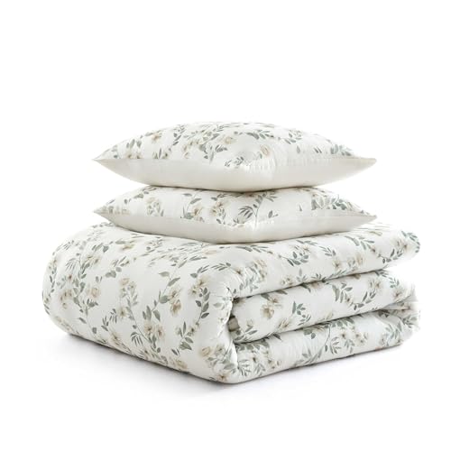 Martha Stewart - King Duvet Cover Set, Soft Cotton with Crisp & Tailored Naturally Smooth Cotton Percale Reverse, Lightweight 3 Piece Bed Set with Matching Pillowcases (Hazel Floral Beige) Martha Stewart