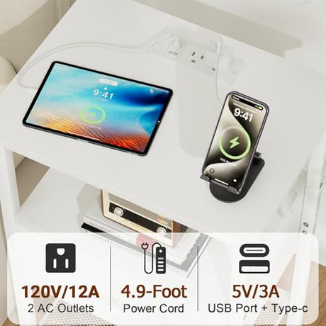 LOAKEKEL White Nightstand with Charging Station, End Table with 2 Fabric Drawers, Night Stand for Bedroom, Small Bed Side Table with USB Ports and Outlets for Living Room, HETS020WT-1 LOAKEKEL