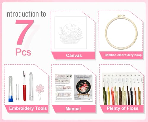 Huacan Embroidery Kit for Beginners Adults Includes Stamped Flower Pattern, Hoop, Color Threads,Tools,Easy to Follow Instruction (Mushroom)