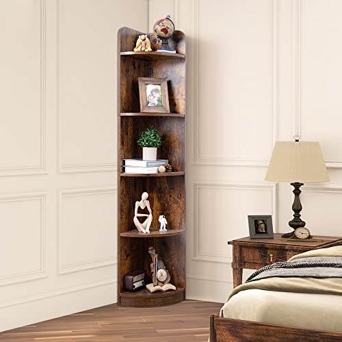 Modern 5-Tier Corner Bookshelf by Fun Memories - 63" Tall Freestanding Wood Storage Solution in Brown - WoodArtSupply