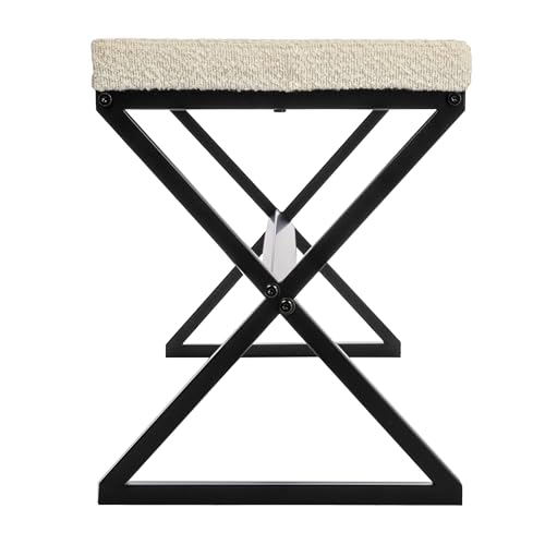 Household Essentials Harper Metal Bench with Boucle Upholstered Cushion, Cream and Black Household Essentials