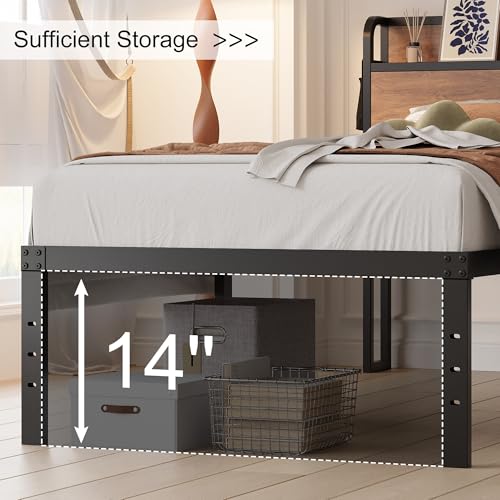 Maenizi 16 Inch Twin Bed Frames with Wood Headboard, Storage Bed Frame Twin No Box Spring Needed, Noise Free, Mahogany Maenizi