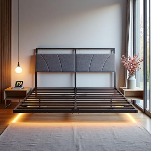 HOJINLINERO Floating Queen Bed Frame with Headboard&Storage Shelf,Ergonomic Queen Size Bed Frame with USB Charging& LED Lights,Platform Bed Frame Noise-Free Metal Slats | Modern Bedroom Design HOJINLINERO