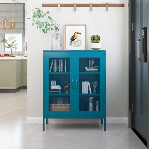 Chshin Blue Metal Cabinet,Metal Storage Cabinet,Metal Locker Storage Cabinet with 2 Mesh Doors and Adjustable Shelves,Metal Sideboard,Mesh Storage Cabinet for Home,Office,Kitchen.(40" H) Chshin