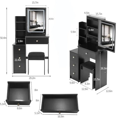 Small Space Left Bedside Cabinet Vanity Table + Cushioned Stool, Extra Large Touch Control Sliding LED Mirror, Tri-Color Switching (style1)