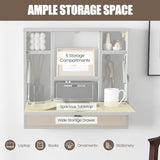 IFANNY Folding Wall Desk, Wood Wall Mounted Desk with Storage Drawer and Shelves, Fold Down Wall Mount Laptop Desk, Corner Floating Desk for Small Spaces (White) IFANNY