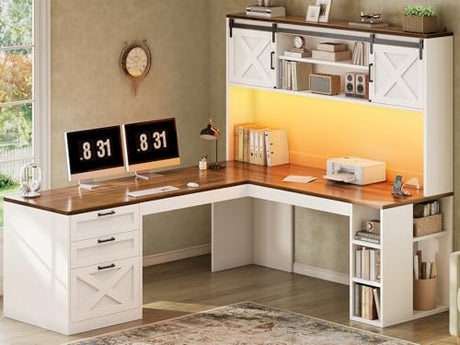 SEDETA 67" Farmhouse L Shaped Desk with Hutch, Home Office Desks with Drawers & Sliding Doors, Corner Computer Desk with Storage Shelves & Power Outlets, Executive Desk with LED Lights, White SEDETA