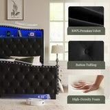Belffin Queen Size Bed Frame and Headboard, 50.9" Velvet Upholstered Wingback Bedframe with LED Lights & Storage/Charging Station, Button Tufted Tall Footboard, No Box Spring Needed, Noise-Free, Black Belffin