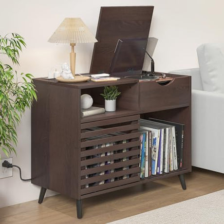 Lisicues Record Player Stand, Vinyl Record Cabinet with Power Outlet Holds Up to 200 Albums, Turntable Stand Table, Fluted Sliding Door, Living Room(Walnut) Lisicues