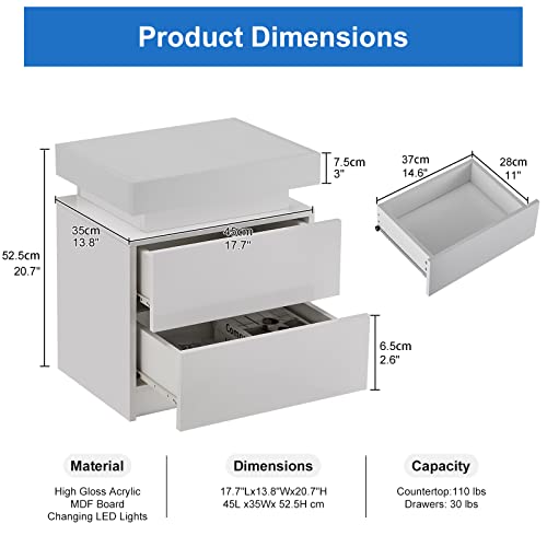 CLIPOP Modern Nightstand, LED Night Stand with 2 High Gloss Chest of Drawers, Bedside Table Cabinet with Remote Control Light, Wood Matte Nightstand 20.6" Tall Bedroom Furniture, White - WoodArtSupply