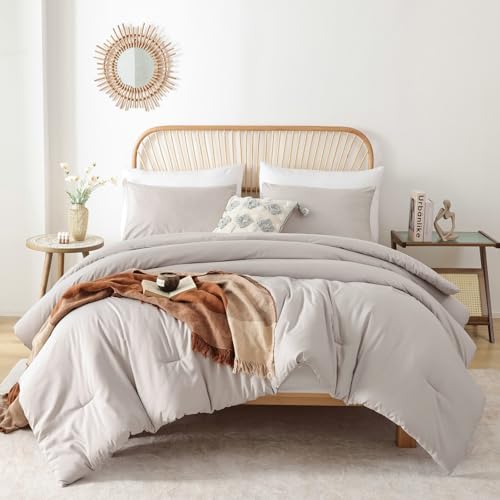 ROSGONIA Queen Comforter Set Linen Grey, 3pcs Queen Size Comforter(1 Boho Gray Comforter & 2 Pillowcases) All Season Lightweight Bedding Blanket Quilt ROSGONIA