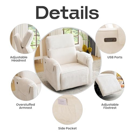 RUTOX Oversized Power Recliner Chair Swivel Glider with Adjustable Headrest, 26" Extra Wide Glider Nursery Chair with Overstuffed Armrest, USB Ports, Chenille Fabric, Cream RUTOX