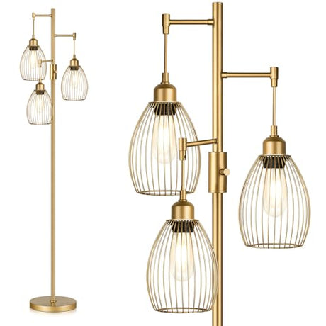 Dimmable Industrial Floor Lamps for Living Room, Gold Tree Standing Tall Lamps with 3 Elegant Teardrop Cage Head & 800 Lumens LED Bulbs for Bedroom Office Torondo