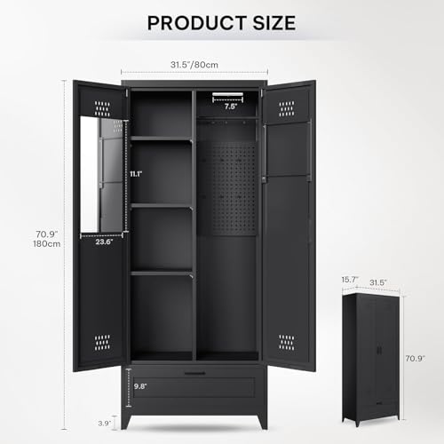 YITAHOME 71" Metal Garage Broom Cabinets with Adjustable Shelves, Vacuum Storage Cabinet with Doors and Drawer, Tool Storage Cabinet for Gym, Basement, Warehouse, Black, Metal YITAHOME