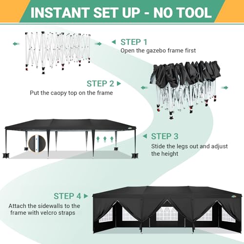 COBIZI 10x30 Canopy Party Tent with 8 Walls 10x30 Pop Up Canopy for Parties Waterproof UPF 50+ Outdoor Commercial Event Tent for Party Backyard Gazebo Canopy with Sidewalls & Sandbags(Black,10x30ft COBIZI