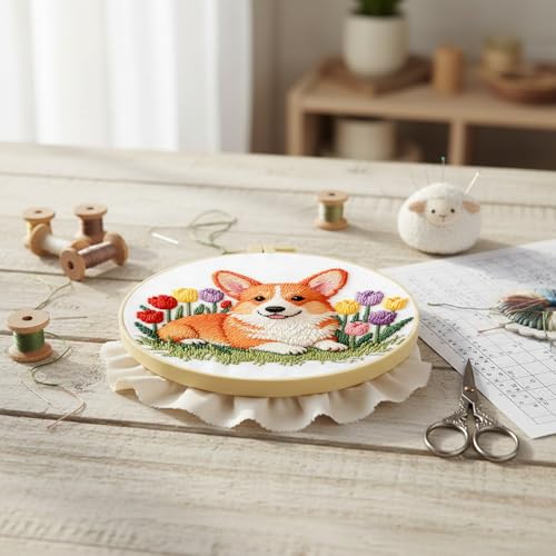 jinglinhh Embroidery Starter Kit Corgi Dog Tulip Flower for Adult Beginners, DIY Stamped Cross Stitch Kit Kit with Hoops, Threads & Embroidery Cloth, Needlework Craft Gift for Women