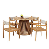 Merax 5 Pieces Patio Dining Sets for 4 People, Outdoor Acacia Wood Furniture Sets, 47.25" Large Round Table & Slatted Dining Chairs for Garden Patio Deck, Teak Look & White Rope Merax