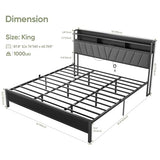Welzona King Size Bed Frame with Headboard, Metal Platform Bed with LED Lights & Charging Station, 2-Tier Storage, Sturdy and Easy Assembly, Under Bed Storage, No Box Spring Needed, Noise Free, Black Welzona